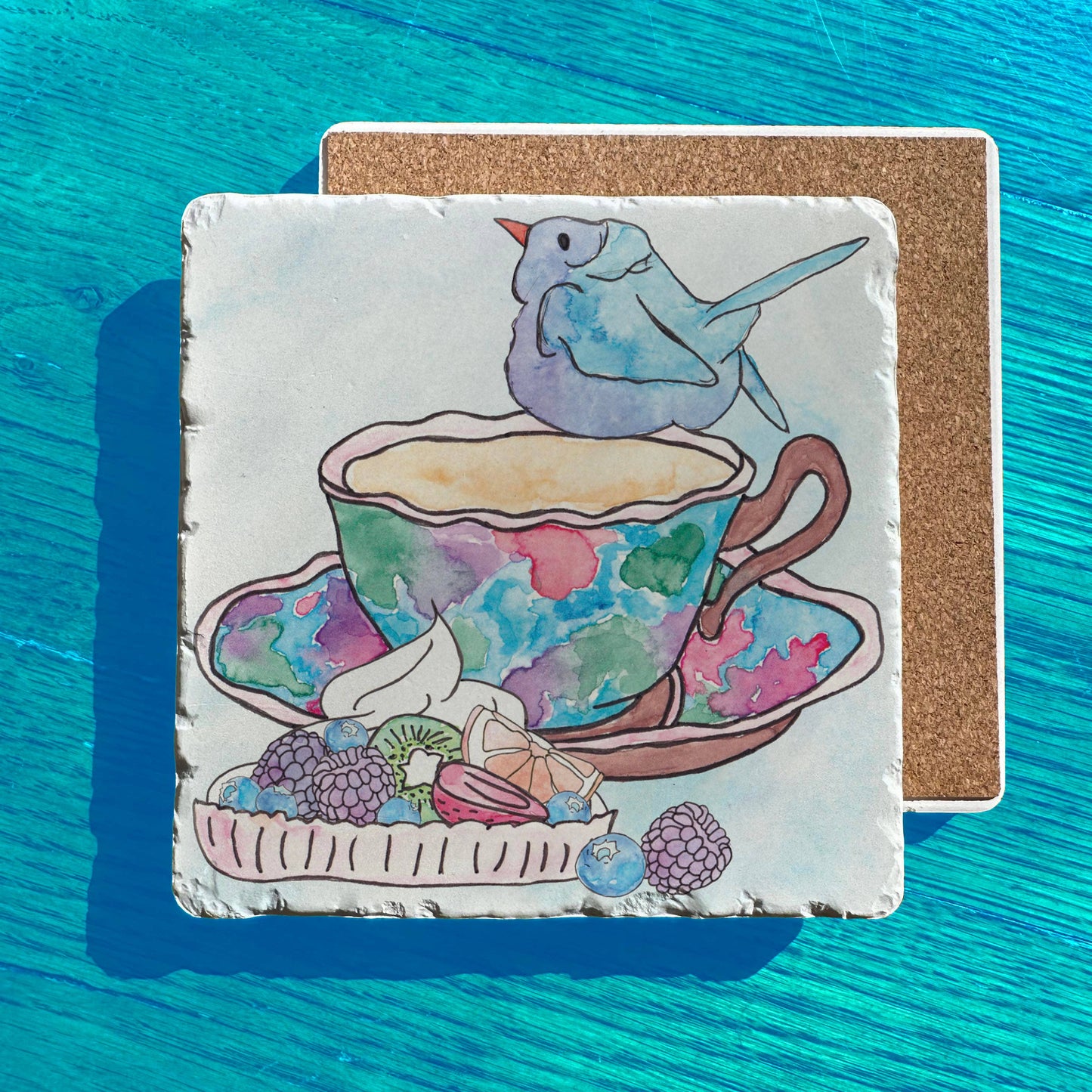 Blue Bird Colorful Tart Tea Cup Party Tumbled Stone Trivet