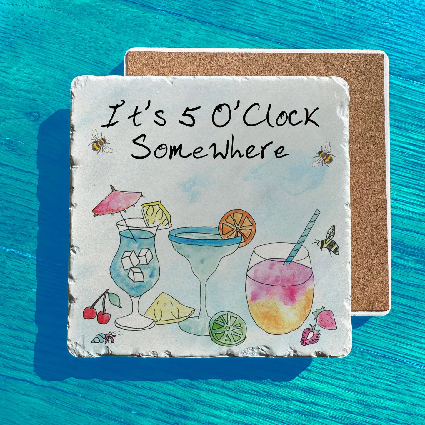 It's Five O'clock Summer Beach Drink Tumbled Stone Trivet
