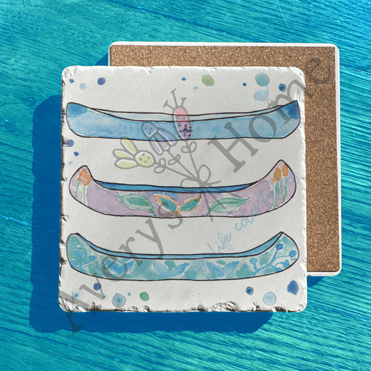 Lake River Day Canoes Watercolor Tumbled Stone Trivet